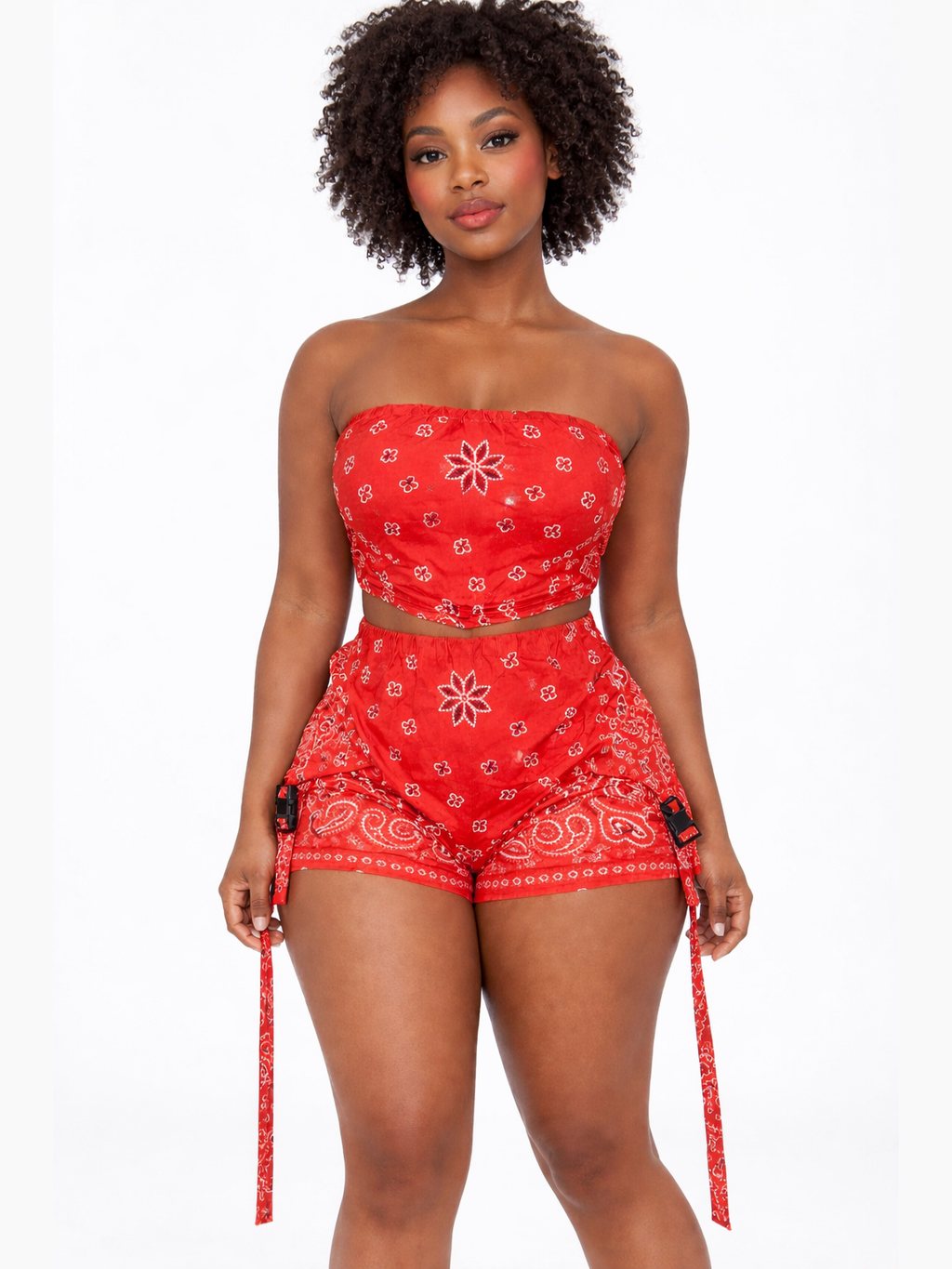 Women's High-Waisted Bandana Print Shorts with Side Tie Straps and Cargo Pockets