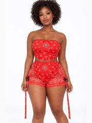 Women's High-Waisted Bandana Print Shorts with Side Tie Straps and Cargo Pockets