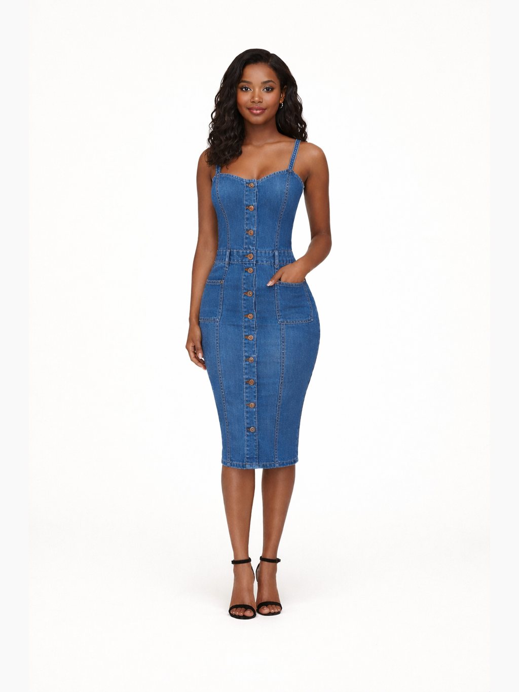 Women's Square Neck Strappy Midi Dress with Front Buttons, Patch Pockets, and Front Slit