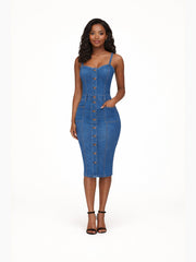 Women's Square Neck Strappy Midi Dress with Front Buttons, Patch Pockets, and Front Slit