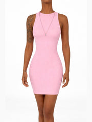 Ribbed Sleeveless Mini Dress with Front Zip and Plunging Neckline
