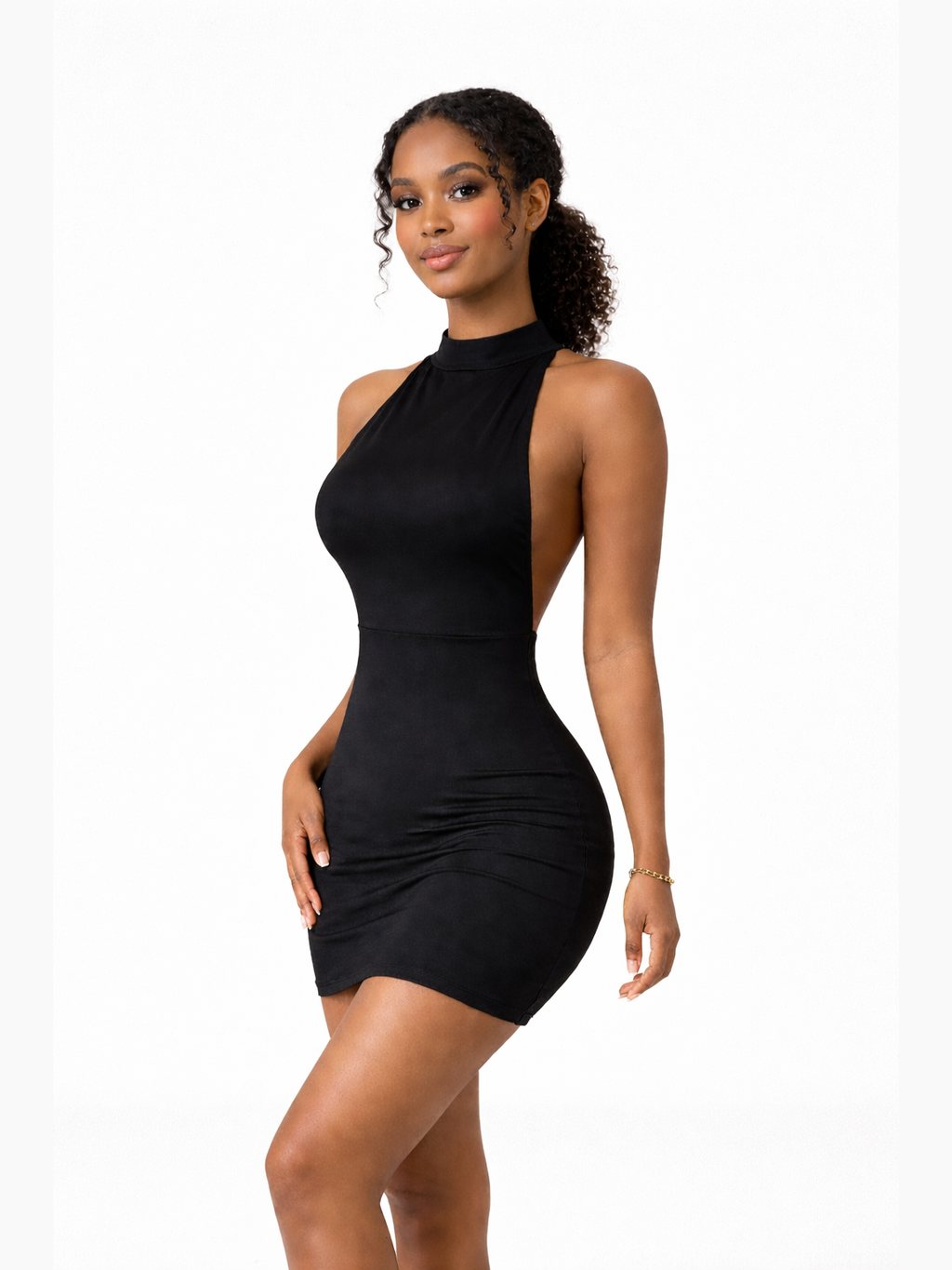 Women's Draped Halter Neck Bodycon Mini Dress with Open Back
