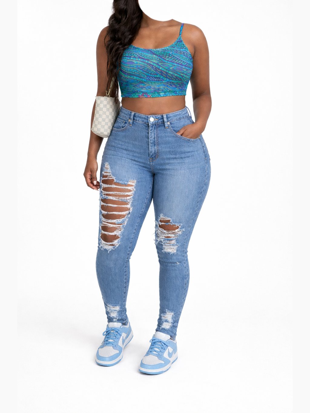 Women's High Rise Skinny Jeans with Distressed Ripped Panels