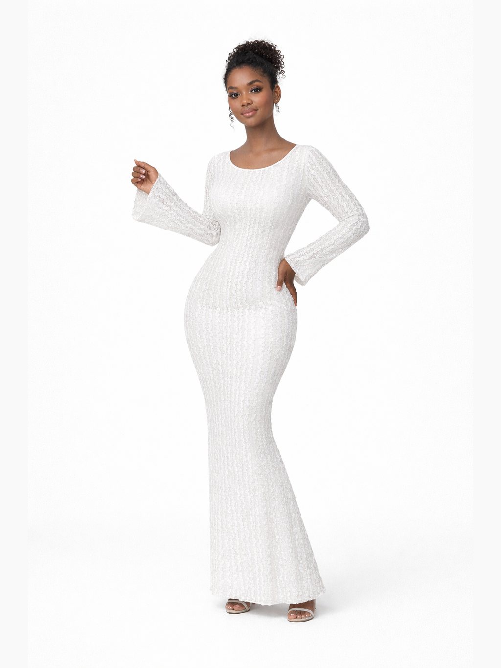 Women's Ribbed Round Neck Long Sleeve Maxi Dress with Open Back