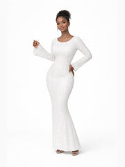 Women's Ribbed Round Neck Long Sleeve Maxi Dress with Open Back
