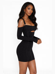 Women's Cold Shoulder Long Sleeve Ruched Mini Dress with Waist Cutout