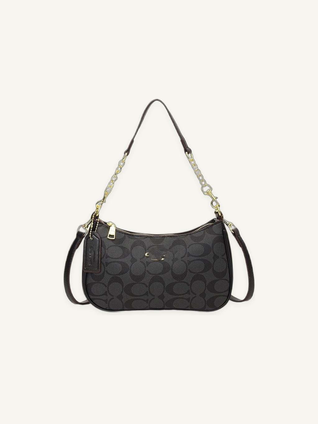Patterned Crescent Shoulder Bag with Chain Strap and Adjustable Crossbody Strap