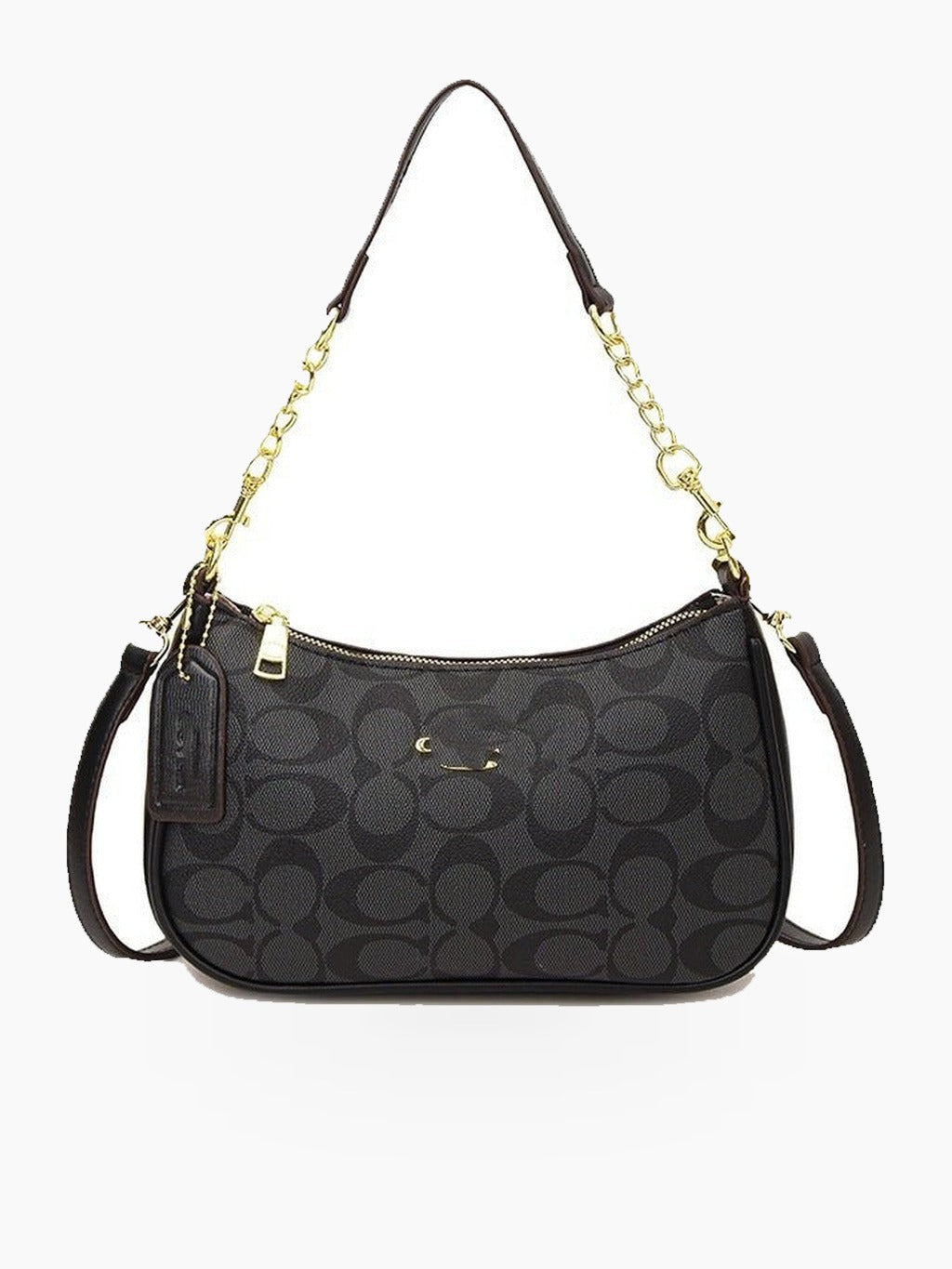 Patterned Crescent Shoulder Bag with Chain Strap and Adjustable Crossbody Strap