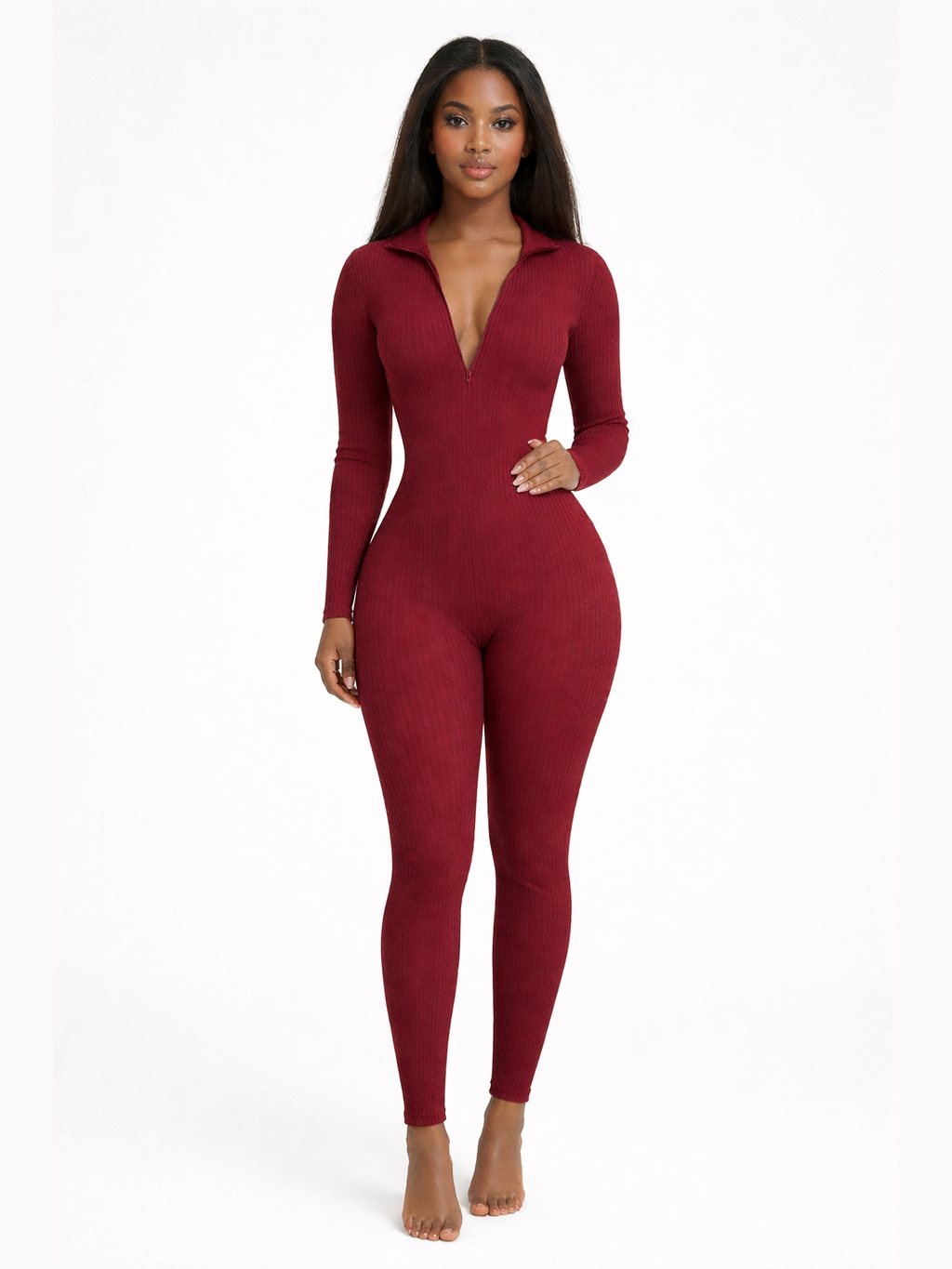 Women's Ribbed Long Sleeve Zip Front Jumpsuit