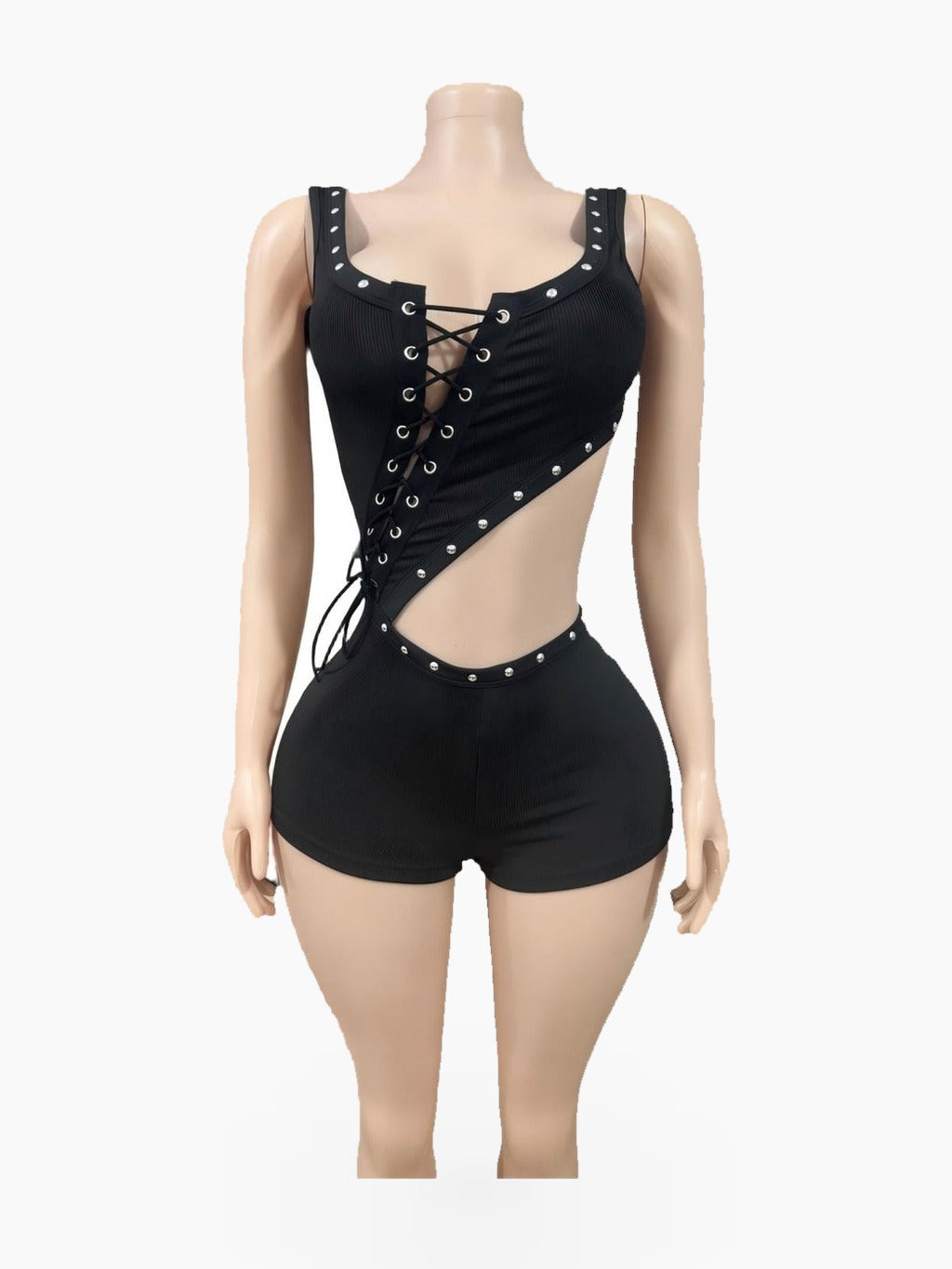 Sleeveless Lace Up Cutout Romper with Studded Trim