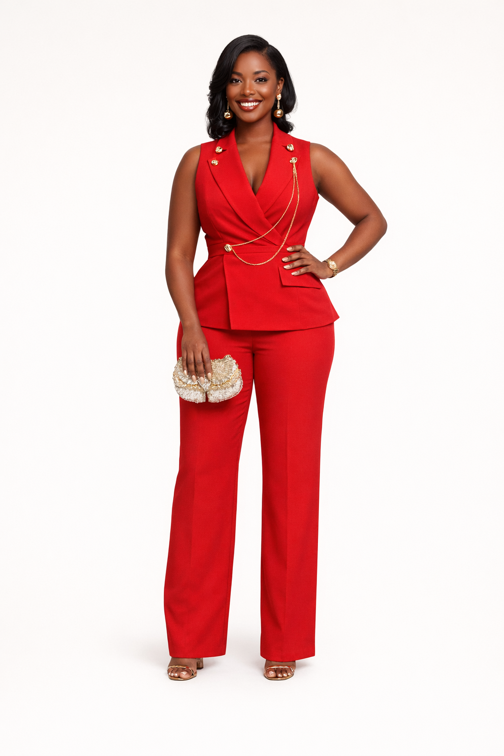 Women's Collared Wrap Front Jumpsuit with Chain Detail