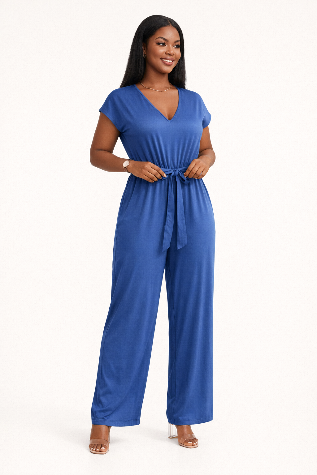 Women's Short Sleeve V Neck Wide Leg Jumpsuit with Tie Waist