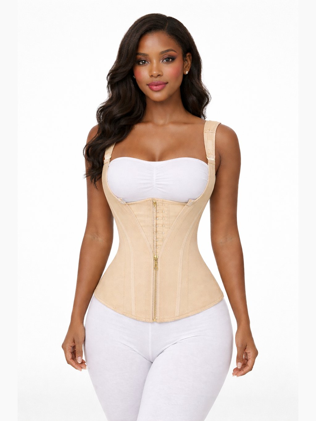 Women's Waist Trainer with Shoulder Straps and Front Zipper