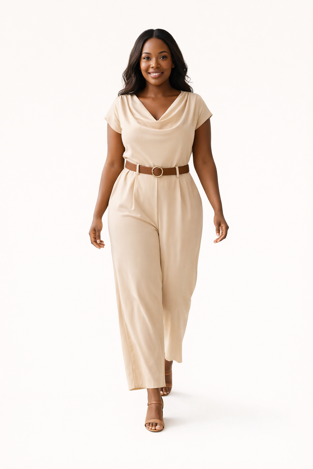 African American woman in black jumpsuit outdoors on a villa balcony with greenery, showcasing effortless style and comfort.