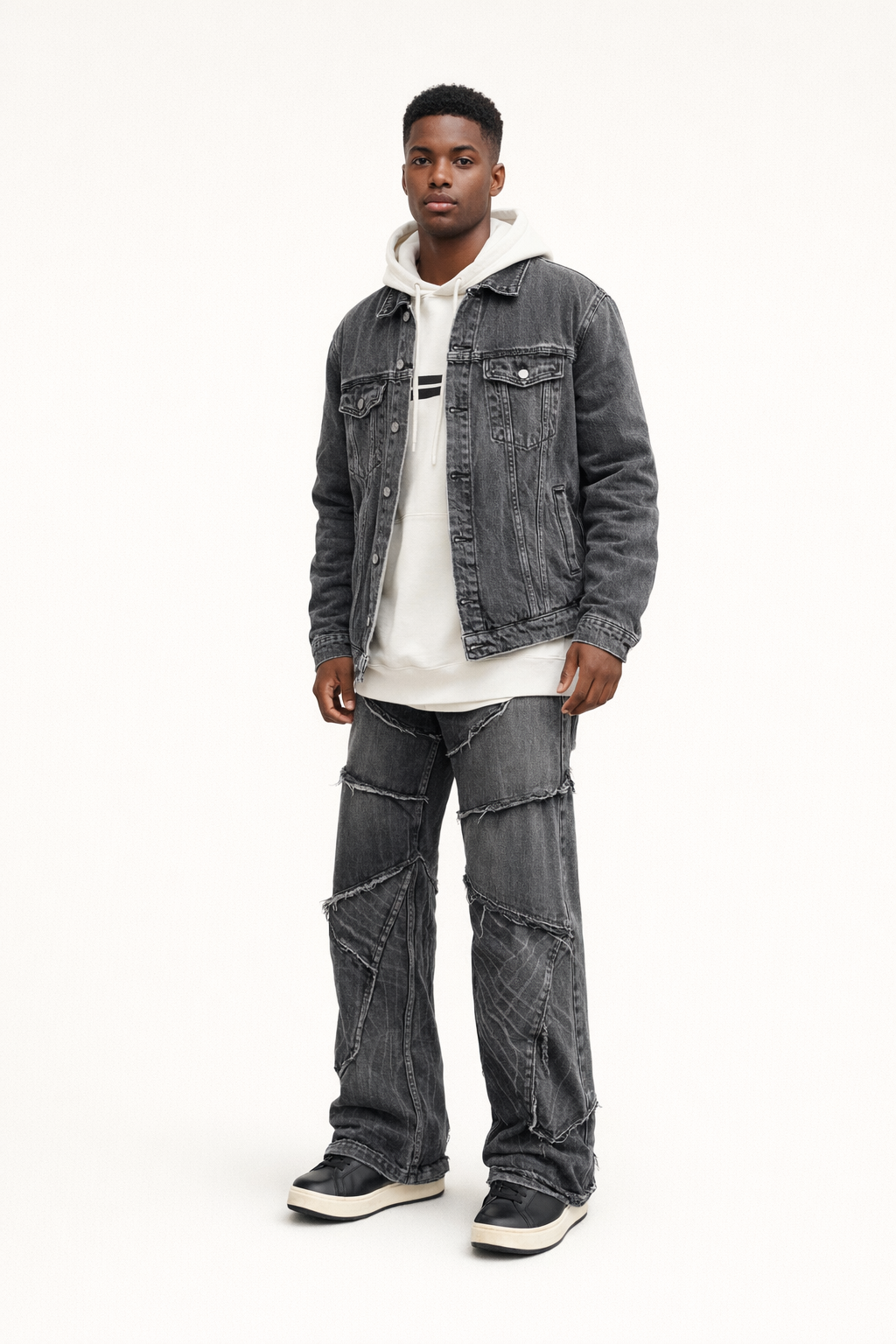 Men's Distressed Wide Leg Jeans with Diagonal Panel Seams