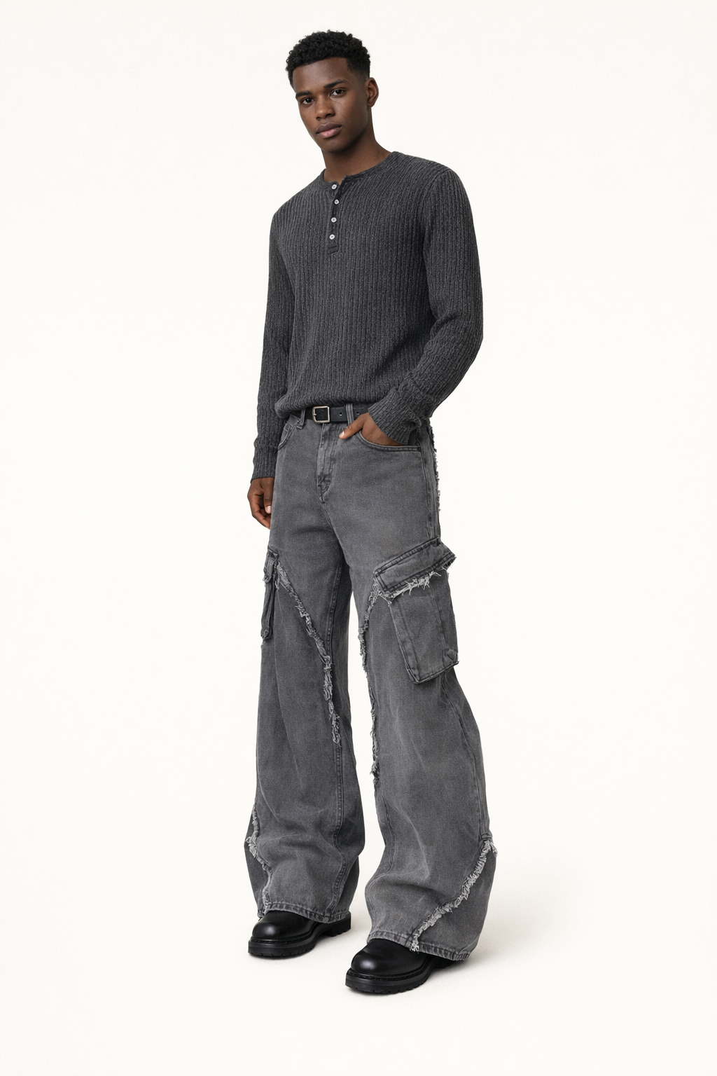 Men's Wide Leg Cargo Pants with Distressed Paneling