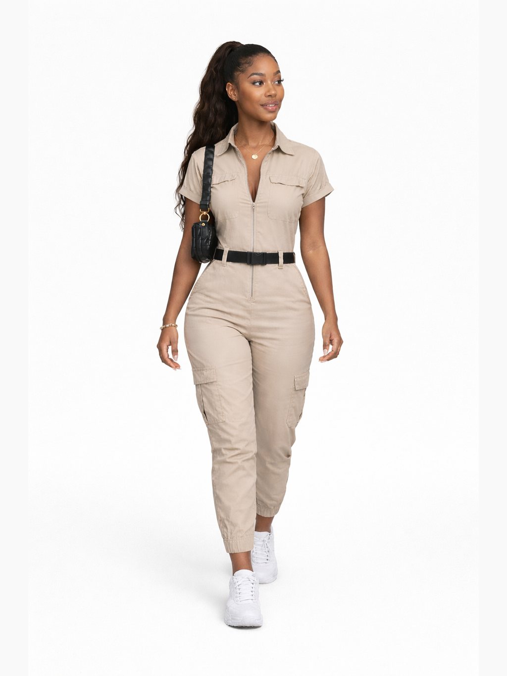 Women's Short Sleeve Utility Jumpsuit with Zip Front and Cargo Pockets