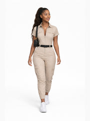 Women's Short Sleeve Utility Jumpsuit with Zip Front and Cargo Pockets