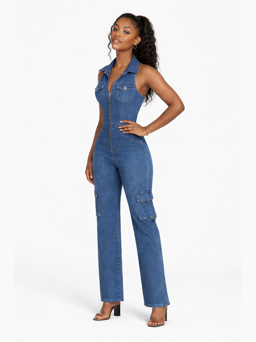 Women's Sleeveless Collared Zip Front Cargo Jumpsuit with Straight Legs