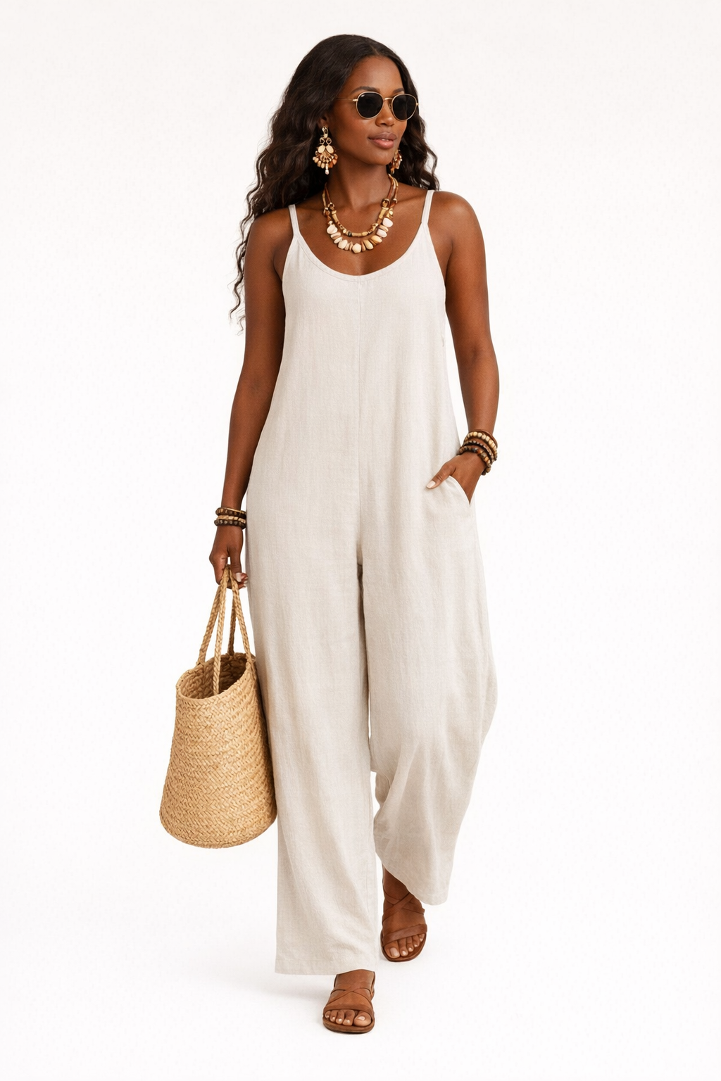 Women's Scoop Neck Sleeveless Wide Leg Jumpsuit with Pockets