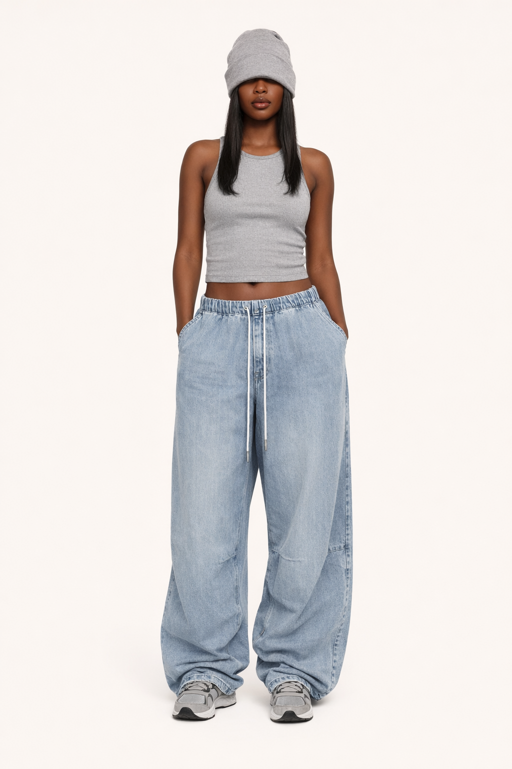 Women's Wide Leg Pants with Drawstring Waist and Patch Pockets
