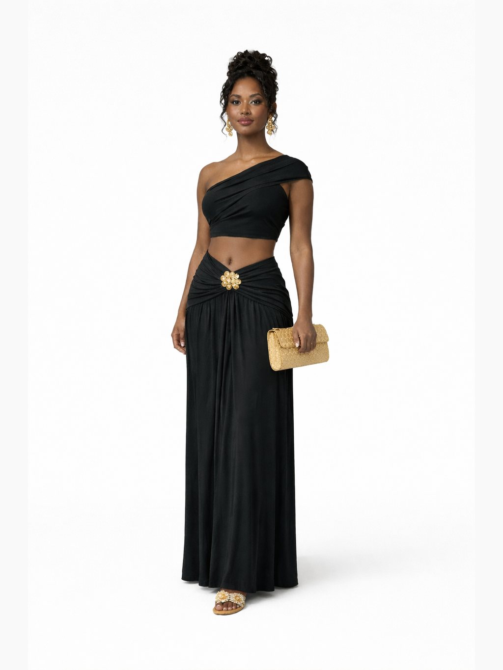 Women's One-Shoulder Crop Top and Ruched High-Waist Skirt Set with Floral Buckle Detail