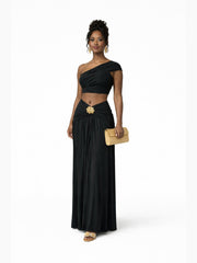 Women's One-Shoulder Crop Top and Ruched High-Waist Skirt Set with Floral Buckle Detail