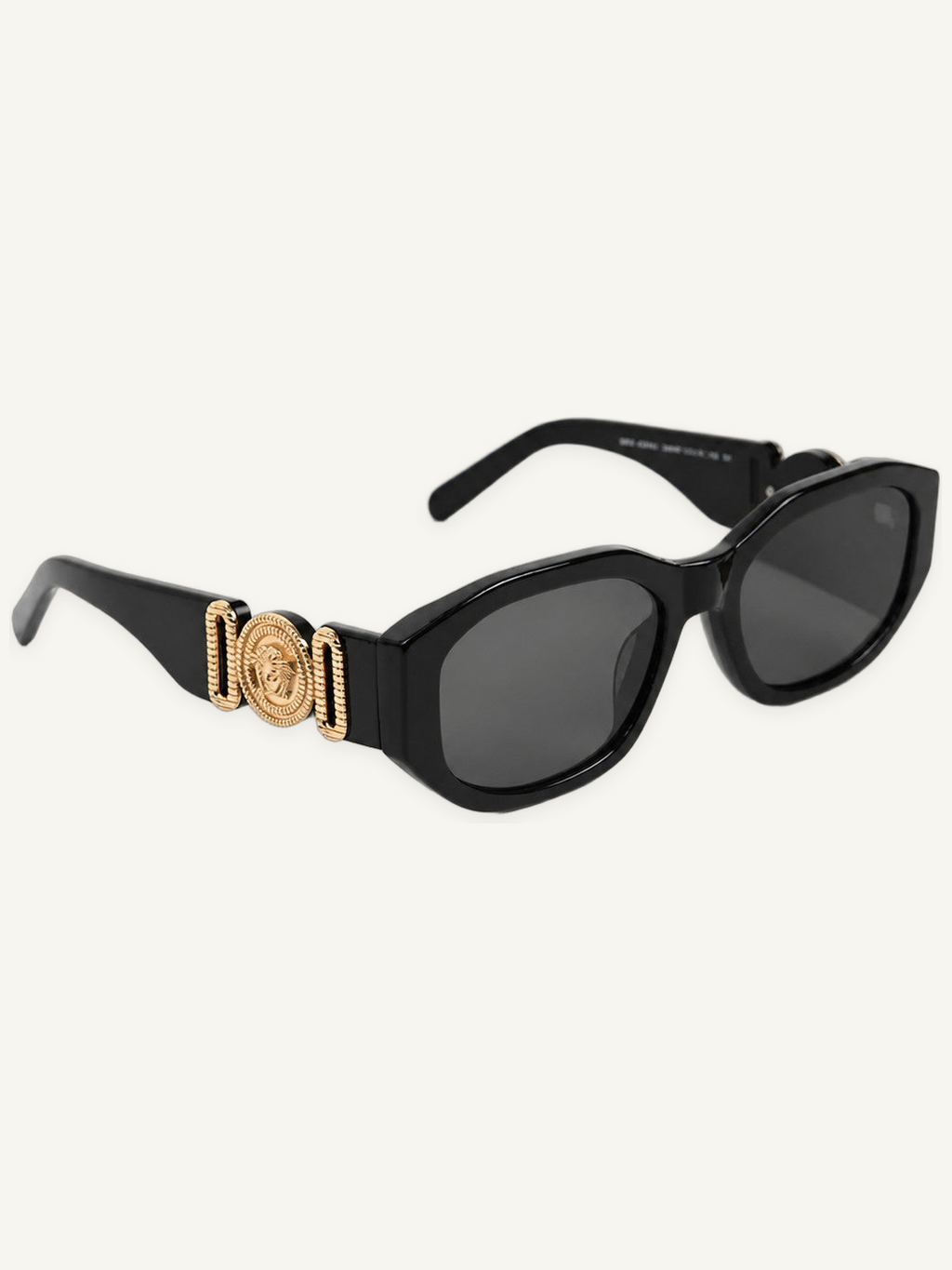 Black box frame sunglasses featuring a gold metallic temple emblem and UV protection lenses for safe, comfortable wear.
