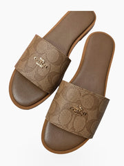 Wide Strap Embossed Slide Sandals with Contoured Footbed