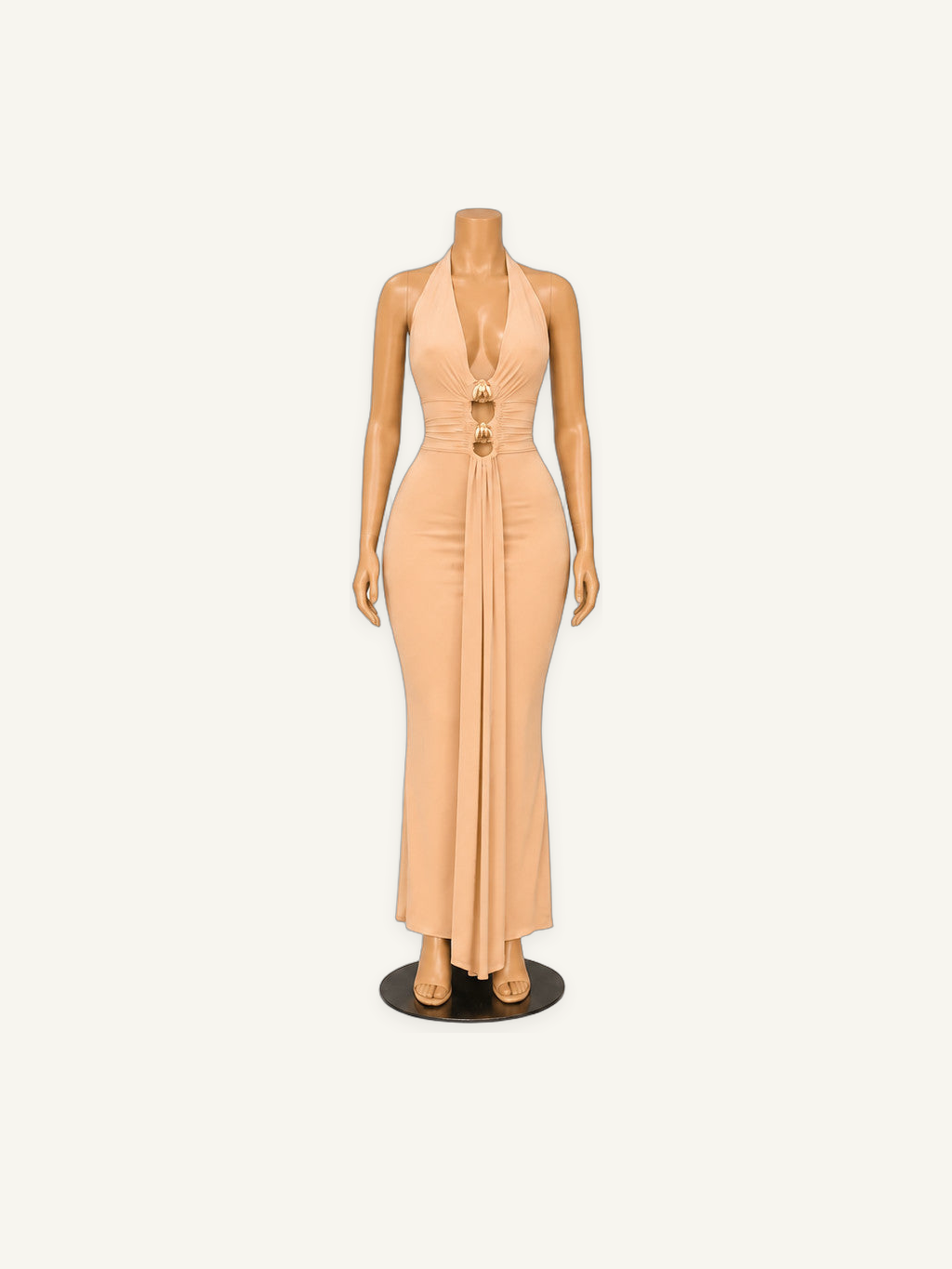 Deep V Halter Maxi Dress with Ruched Cutout Waist