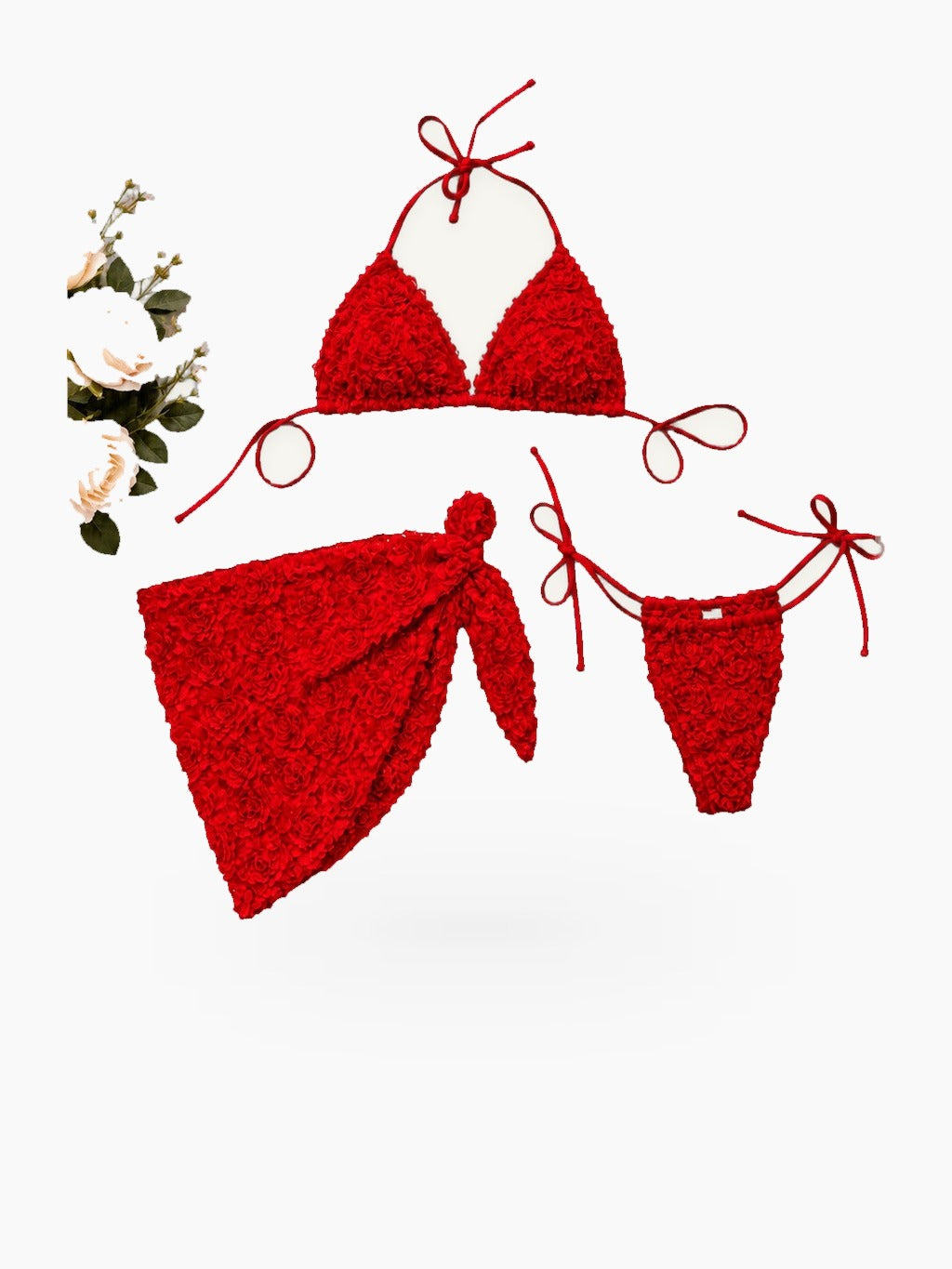 Three Piece Textured Halter Bikini Set with Tie Side Wrap Skirt