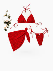 Three Piece Textured Halter Bikini Set with Tie Side Wrap Skirt