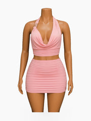 Halter Cowl Neck Crop Top and Ruched Mini Skirt Set