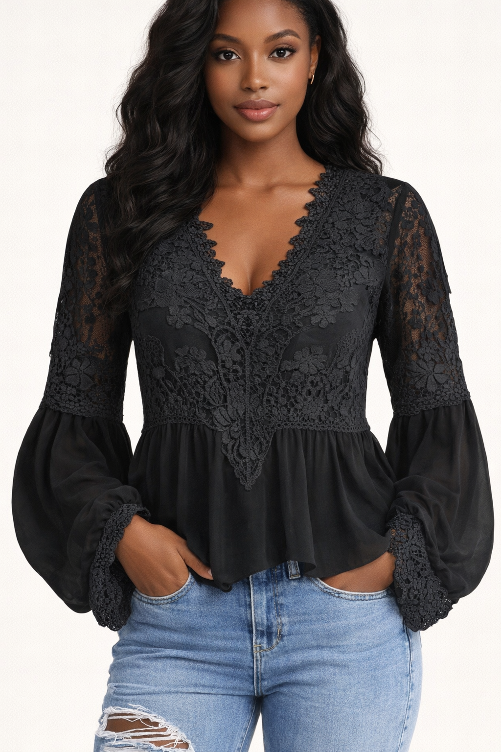 Romantic V Neck Peplum Blouse With Bell Sleeves