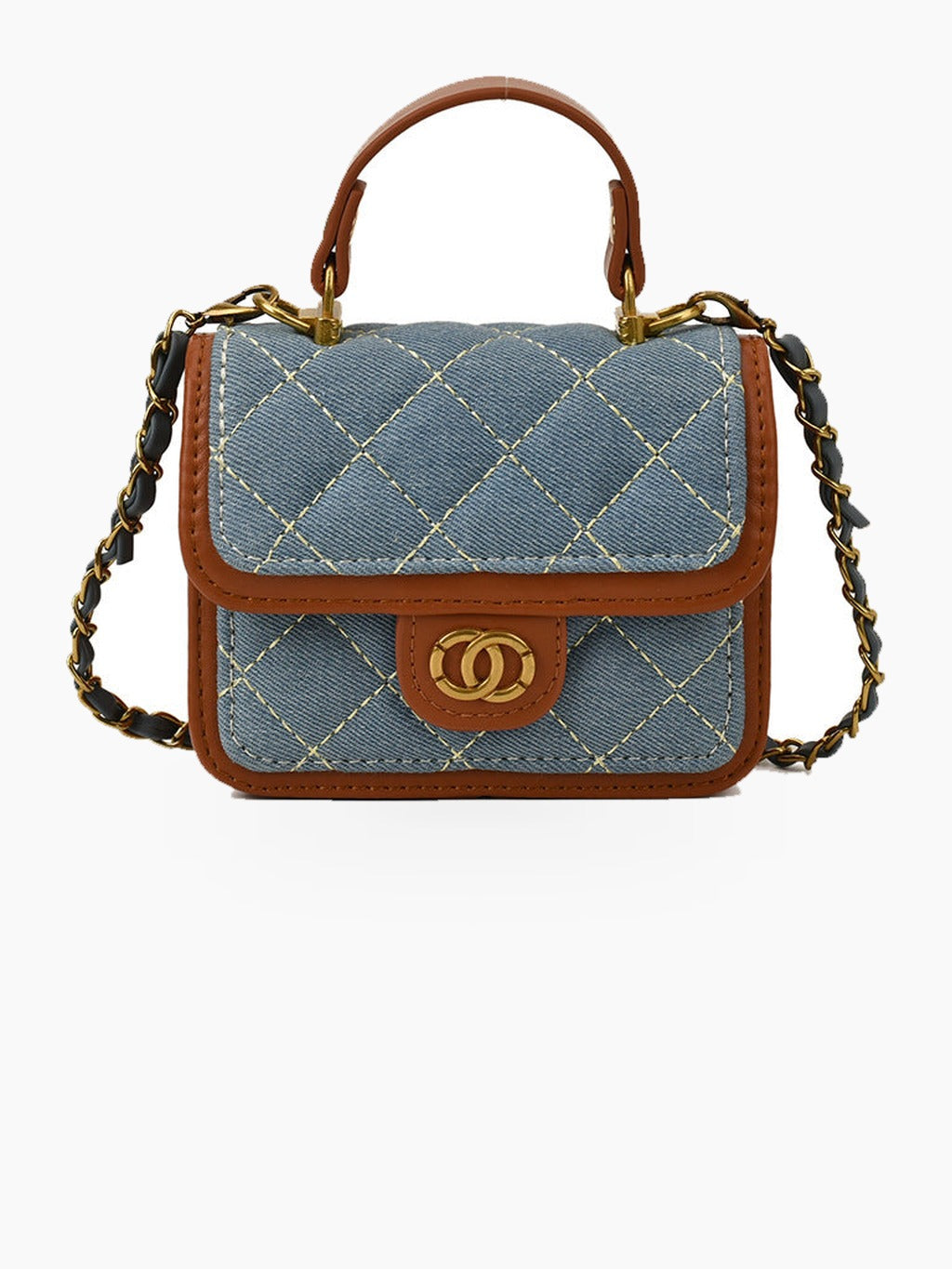 Mini Quilted Flap Crossbody Bag with Turn Lock, Top Handle, and Chain Strap