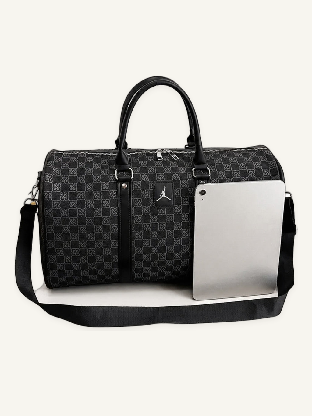 Patterned Duffel Bag with Zip Top and Adjustable Shoulder Strap