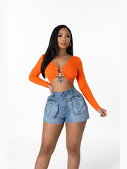Women's High-Waisted Denim Cargo Shorts with Multiple Utility Pockets