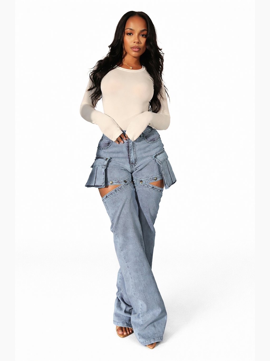 Women's Stretch Denim Convertible Cargo Pants with Detachable Shorts and Wide Legs