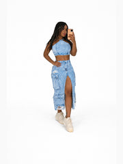 D8696 Four Seasons New European and American Women's Clothing Slit Hole Multiple Cargo Pocket Fried Rinse Water Denim Skirt