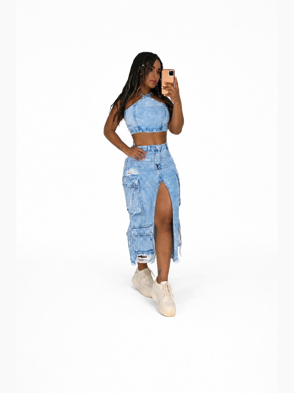 D8696 Four Seasons New European and American Women's Clothing Slit Hole Multiple Cargo Pocket Fried Rinse Water Denim Skirt