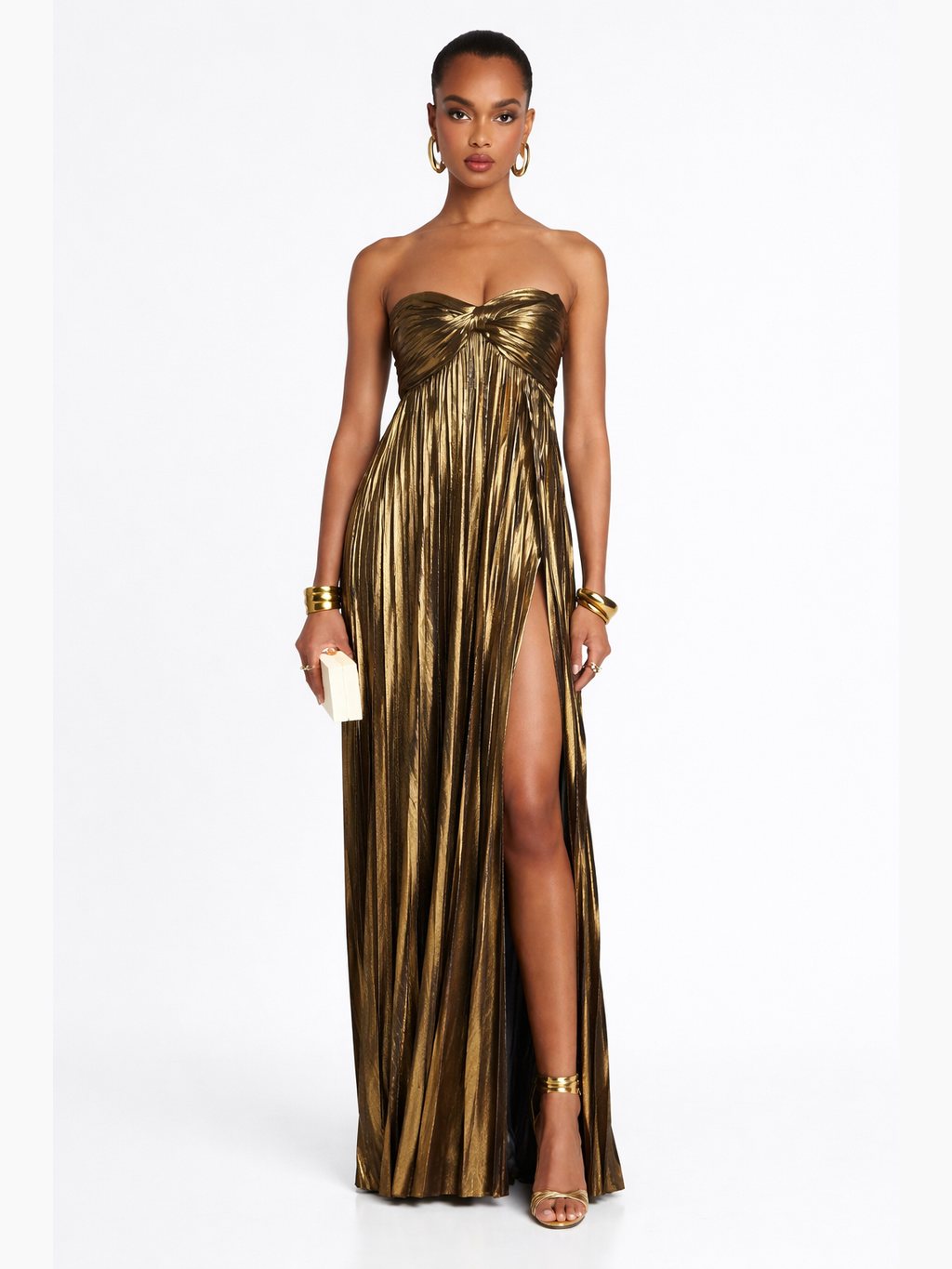 Strapless Pleated Evening Gown with Twist Front and High Side Slit