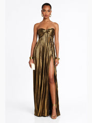 Strapless Pleated Evening Gown with Twist Front and High Side Slit