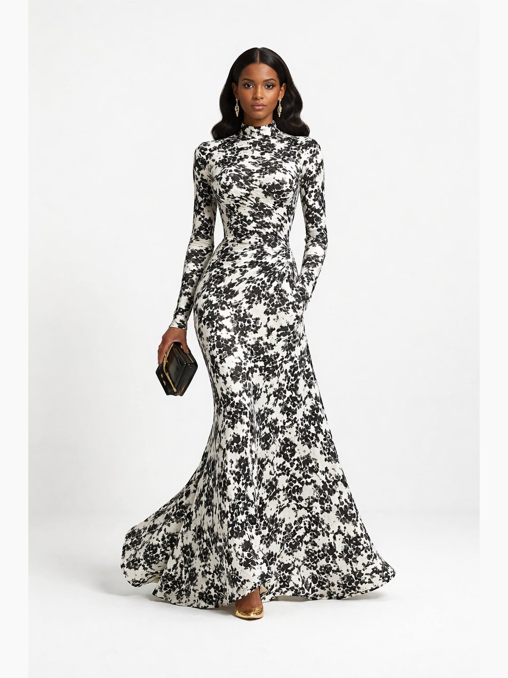 Floral Print High Neck Long Sleeve Mermaid Formal Maxi Dress