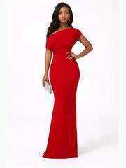 Women's One-Shoulder Draped Fitted Floor-Length Evening Dress