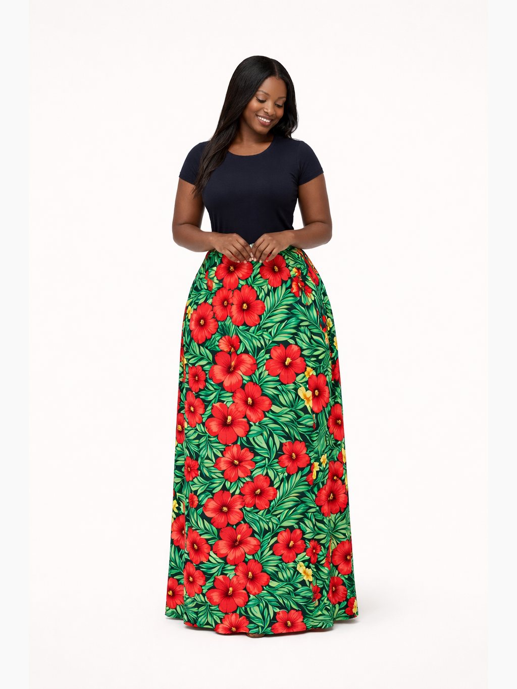 Floral High Waist Maxi Skirt with Flared Swing Silhouette