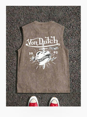 Sleeveless Graphic Tank Top with Crew Neck and Front-Back Prints