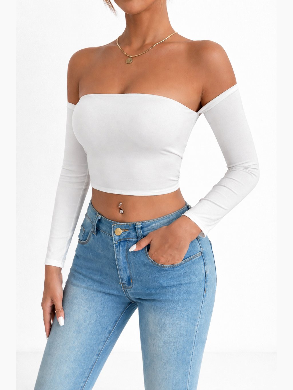 Off Shoulder Long Sleeve Crop Top