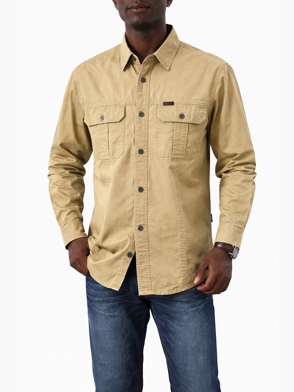 Men's Long Sleeve Utility Shirt with Dual Button-Closure Chest Pockets