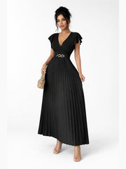 Women's V-Neck Flutter Sleeve Pleated Maxi Dress with Waist Belt