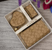 Three-Piece Patterned Wallet Set with Card Holder and Heart-Shaped Zip Pouch